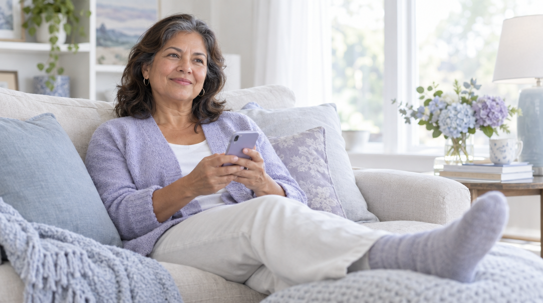 A woman resting at home with her legs up, smiling at a text on her phone